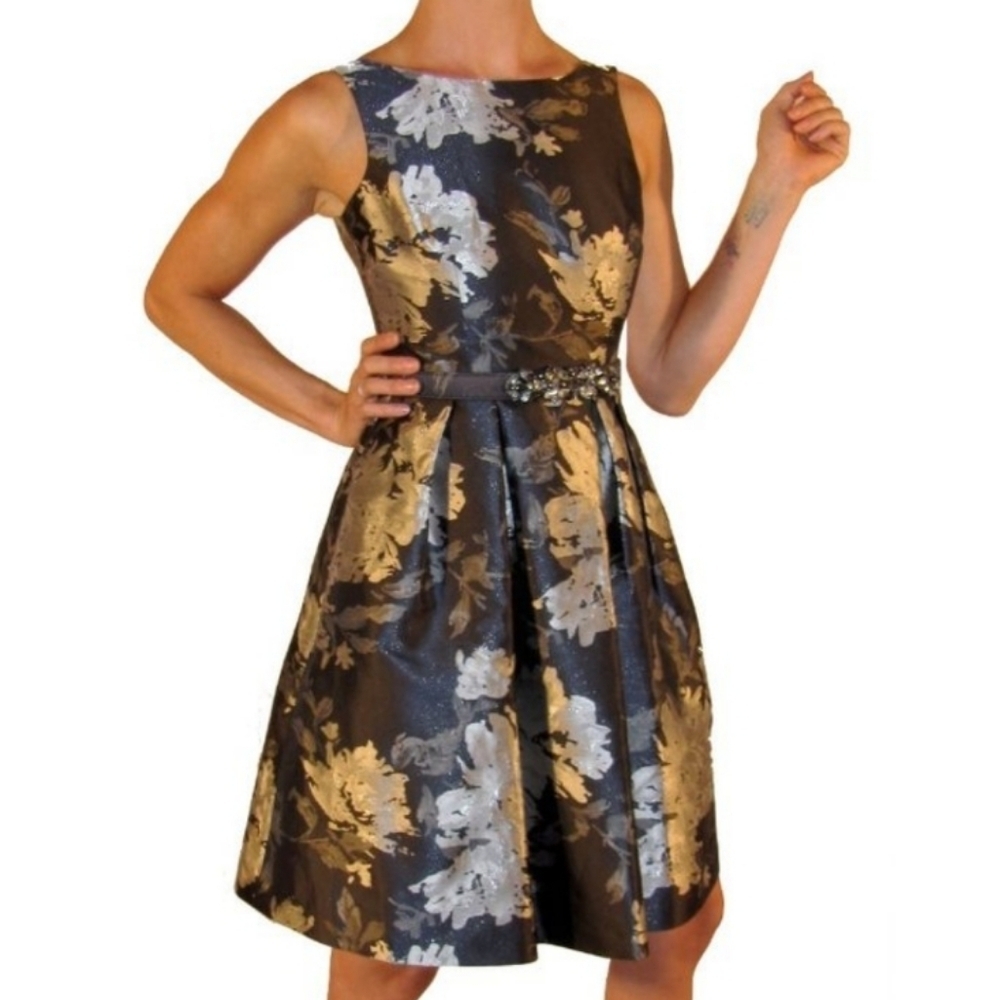 Eliza J Metallic Jacquard Fit and Flare Dress